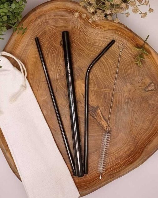 Black Tone Metal Straws with Canvas Pouch