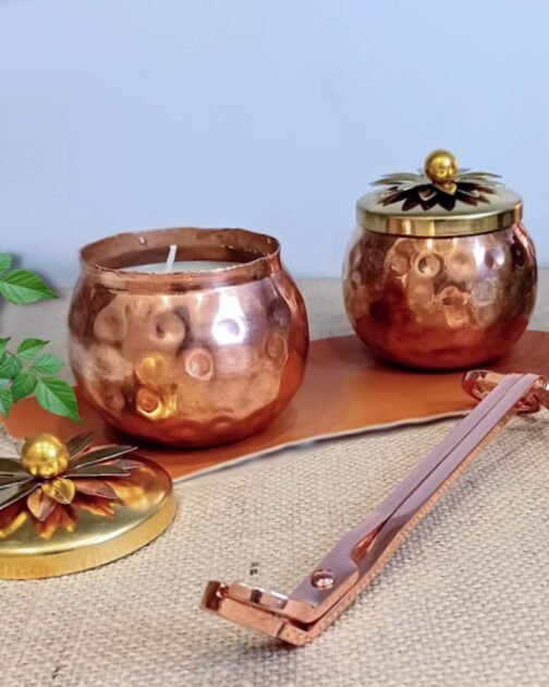 Copper Finish Metal Pot with Soy Wax Candle Set of 2