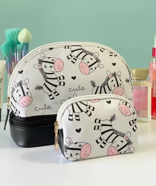 Double Layer Cosmetic Accessories Bag with Mini Pouch Cute Zebra Print