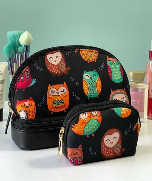 Double Layer Cosmetic Accessories Bag with Mini Pouch Cute Owl Print