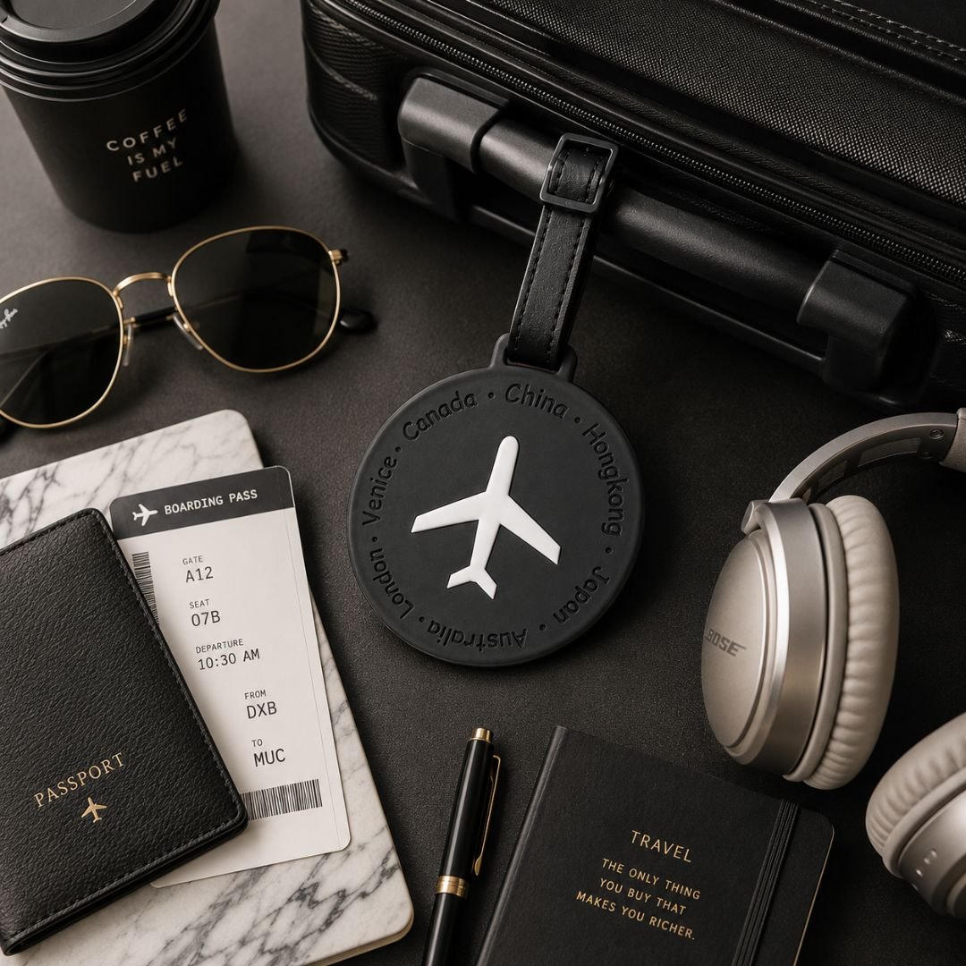 Round Silicone Luggage Tag – Black Travel Tag with Airplane Design - Image 4