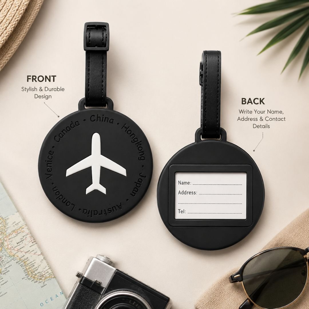 Round Silicone Luggage Tag – Black Travel Tag with Airplane Design - Image 2