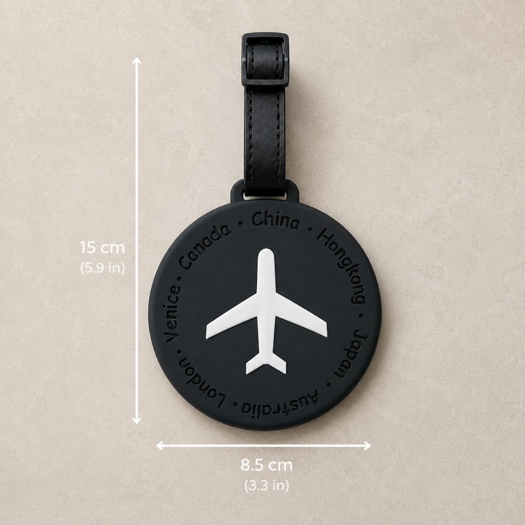 Round Silicone Luggage Tag – Black Travel Tag with Airplane Design - Image 5