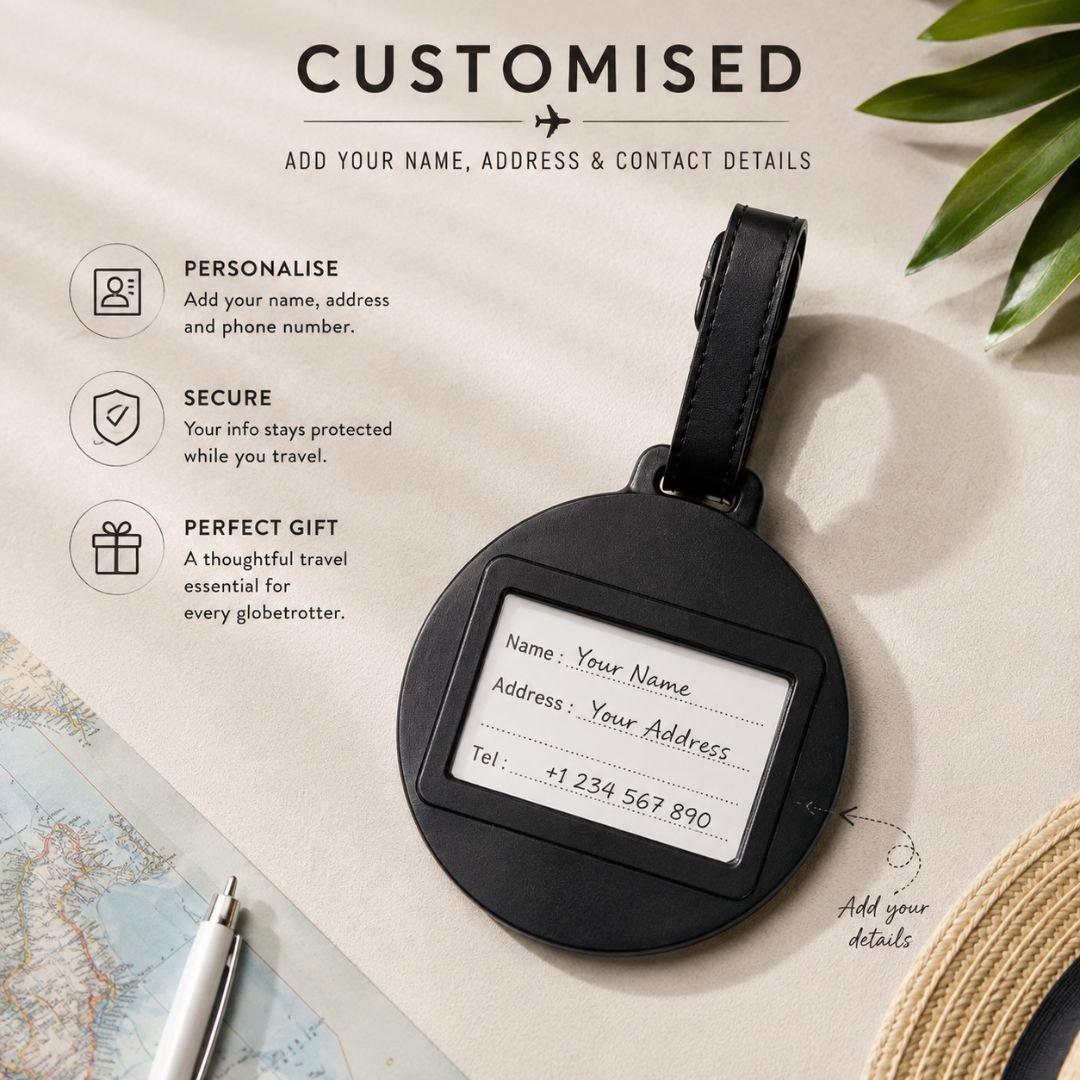 Round Silicone Luggage Tag – Black Travel Tag with Airplane Design - Image 3