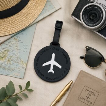Round Silicone Luggage Tag – Black Travel Tag with Airplane Design