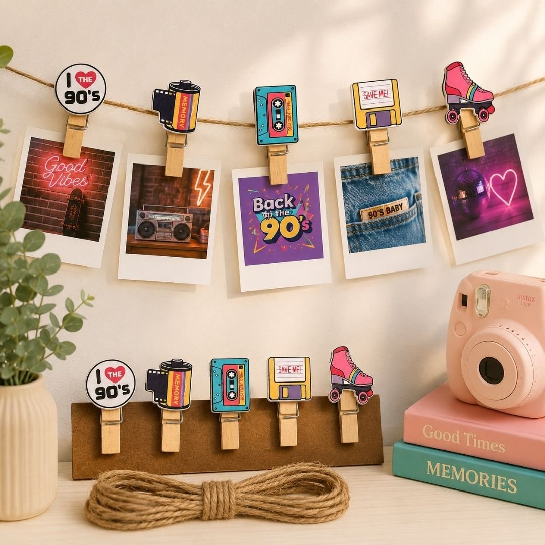 90s Theme Wooden Photo Pegs | Retro Photo Clips for Photos & Notes - Image 2