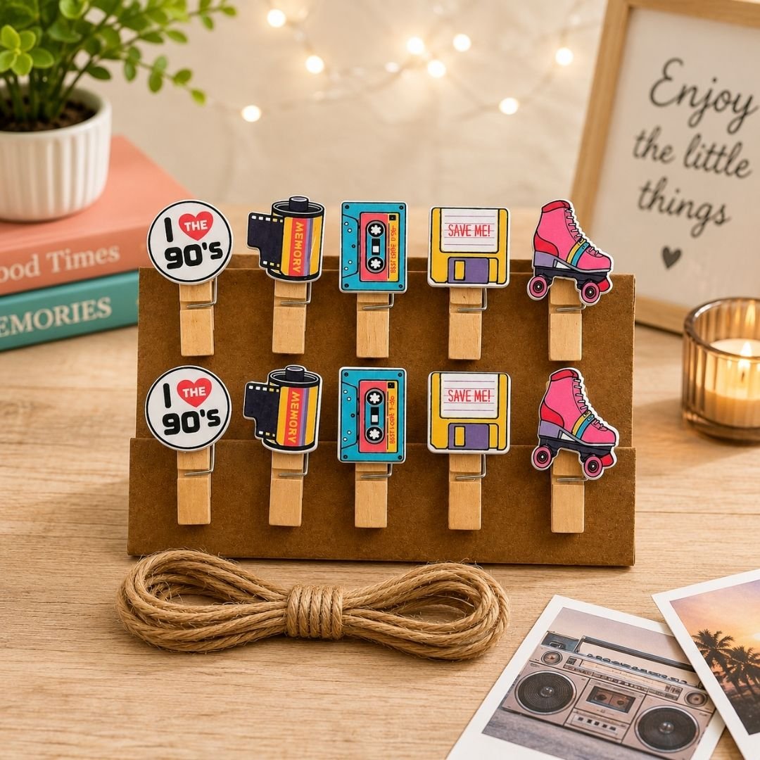 90s Theme Wooden Photo Pegs with retro designs