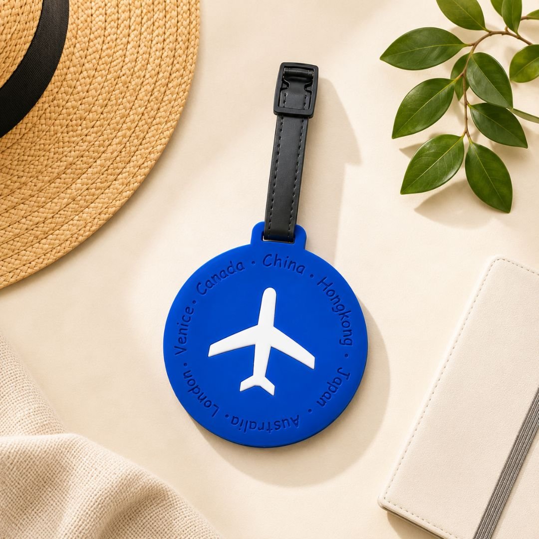 Blue silicone travel luggage tag with airplane design