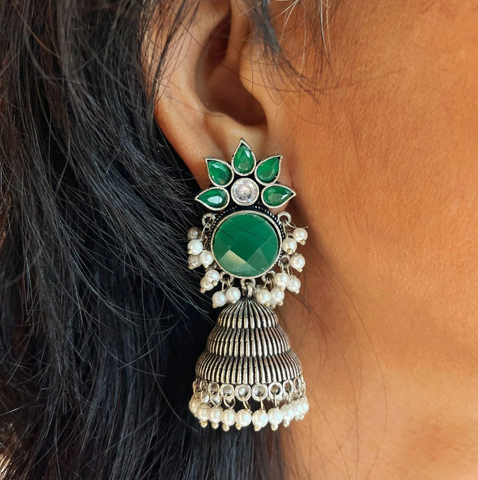 Radha - Radiant Green Floral Jhumka Earrings