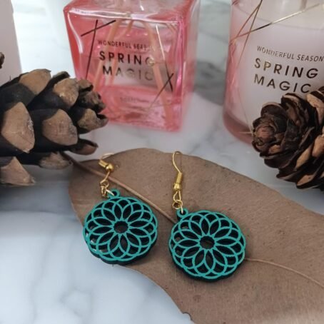 Wooden Mandala Earrings - Teal - Image 3