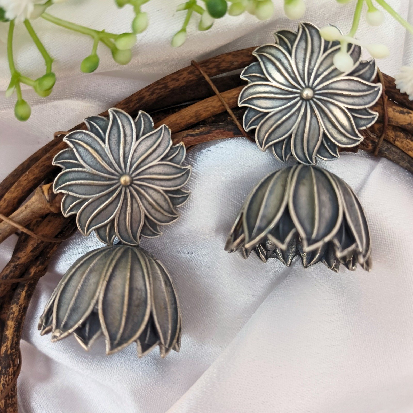 Lotus Jhumkas - Silver