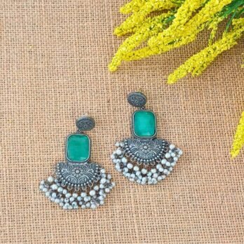 Maithreyi Teal Jhumka Earrings with Pearl Hangings