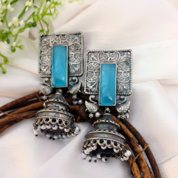 Mayuri Jhumkas: Blue Stone & Swan Charm