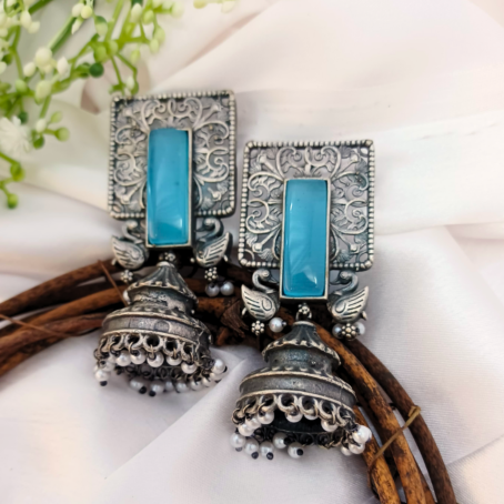 Mayuri Jhumkas Blue Stone & Peacock Charm 1