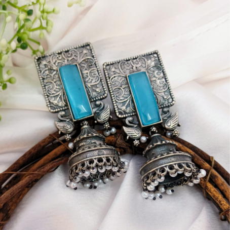 Mayuri Jhumkas Blue Stone & Peacock Charm 1