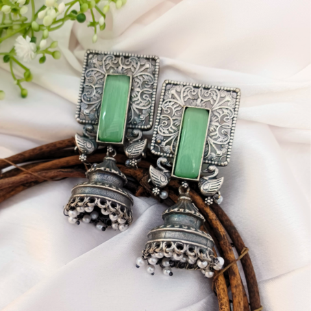 Mayuri Jhumkas Green Stone & Peacock Charm 1