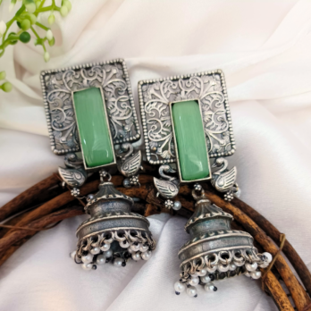 Mayuri Jhumkas: Green Stone & Swan Charm