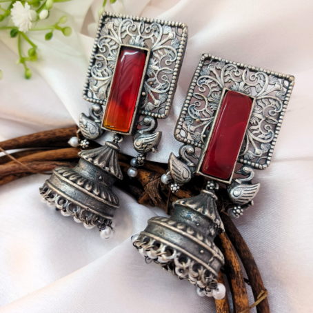 Mayuri Jhumkas Red Stone & Peacock Charm 1