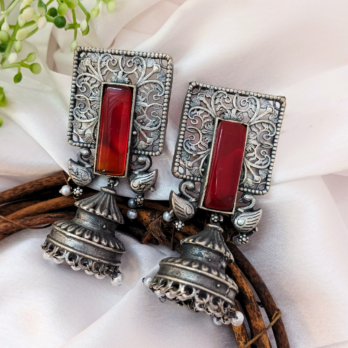 Mayuri Jhumkas: Red Stone & Swan Charm