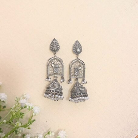 Meera - German silver Peacock Jhumka Earrings