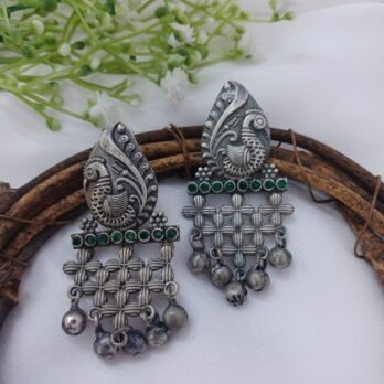 Noorie Silver Toned Oxidised Earrings with Emerald Stones