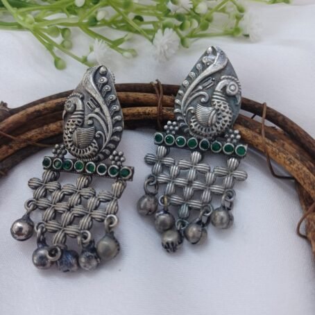 Noorie Silver Toned Oxidised Earrings with Emerald Stones 1