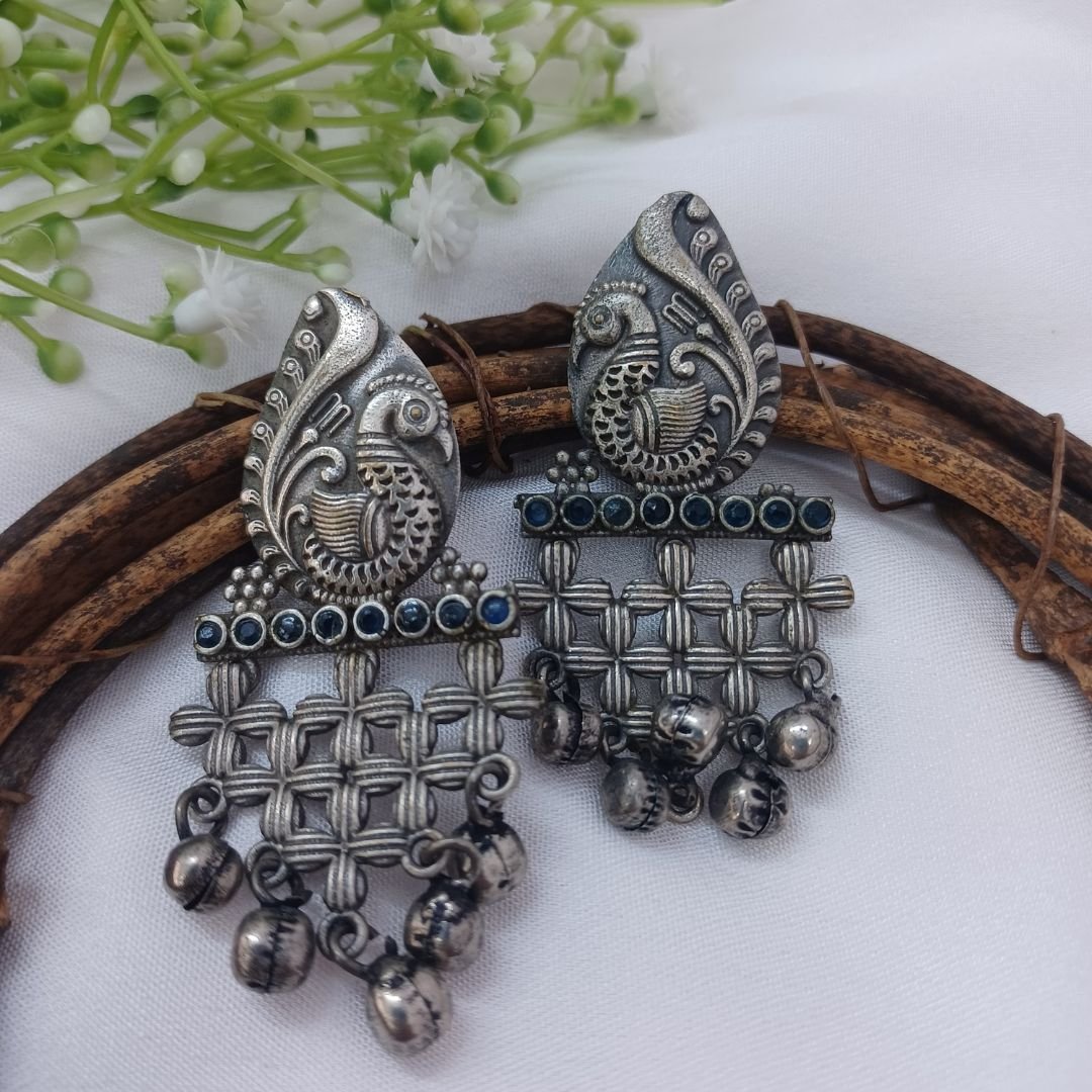 Noorie Silver Toned Oxidised Earrings with Navy Stones