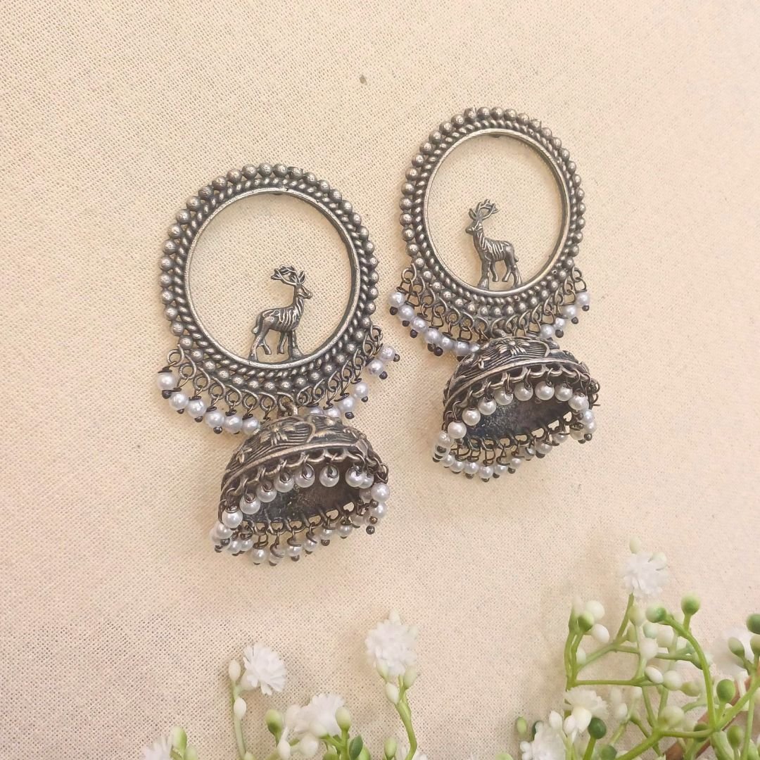 Raisa - Silver oxidised jhumka earrings