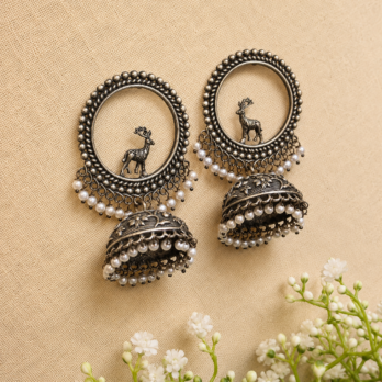 Raisa Oxidised Deer Jhumka Earrings with Pearl Tribal Design