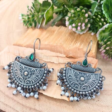 Riya Green Stone Semi Circle Earrings - Silver oxidised