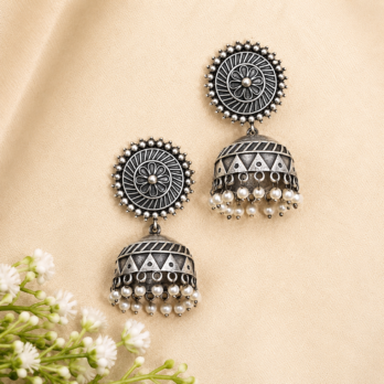 Anika – Floral Mandala Jhumkas with Pearl Drops