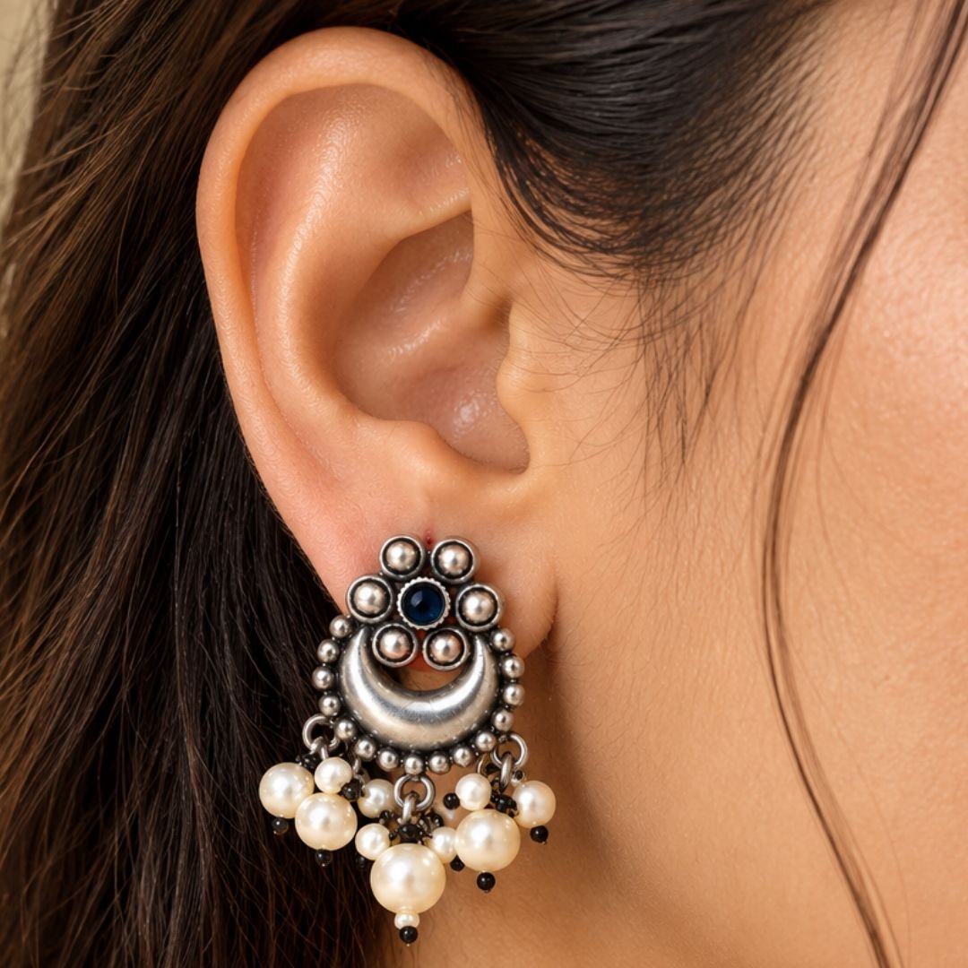 Indu Antique Oxidised Chandbali Earrings – Emerald Green | Traditional Earrings with Pearl Drops - Image 2