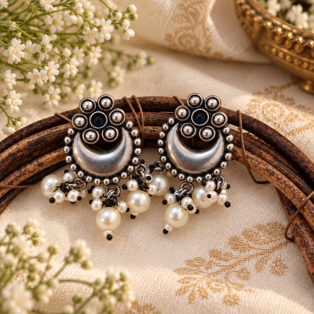 Indu Antique Oxidised Chandbali Earrings – Emerald Green | Traditional Earrings with Pearl Drops - Image 3