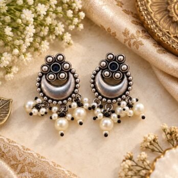Indu Antique Oxidised Chandbali Earrings – Emerald Green | Traditional Earrings with Pearl Drops