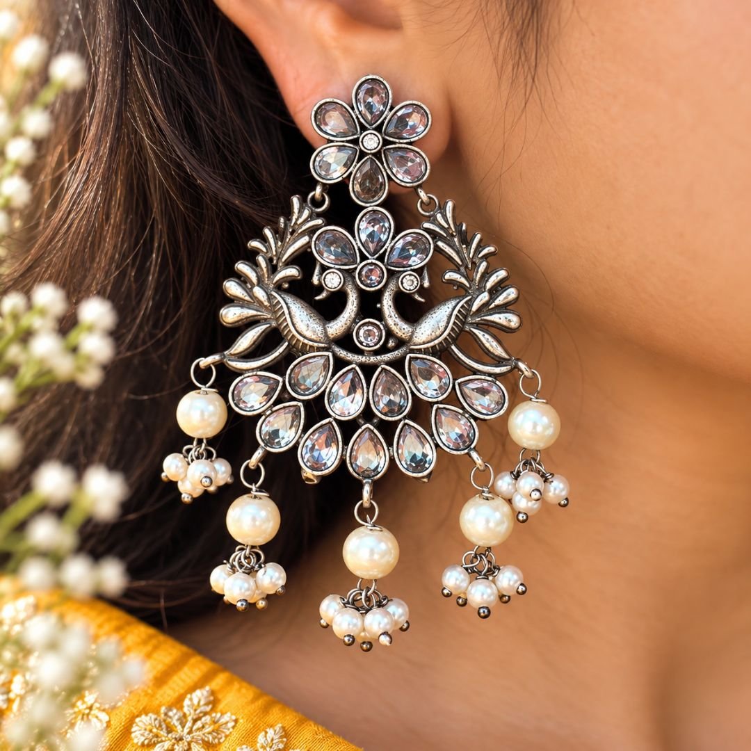 Shaheen White Stones Floral Peacock Bali Earrings | Handmade Traditional Earrings for Women - Image 2
