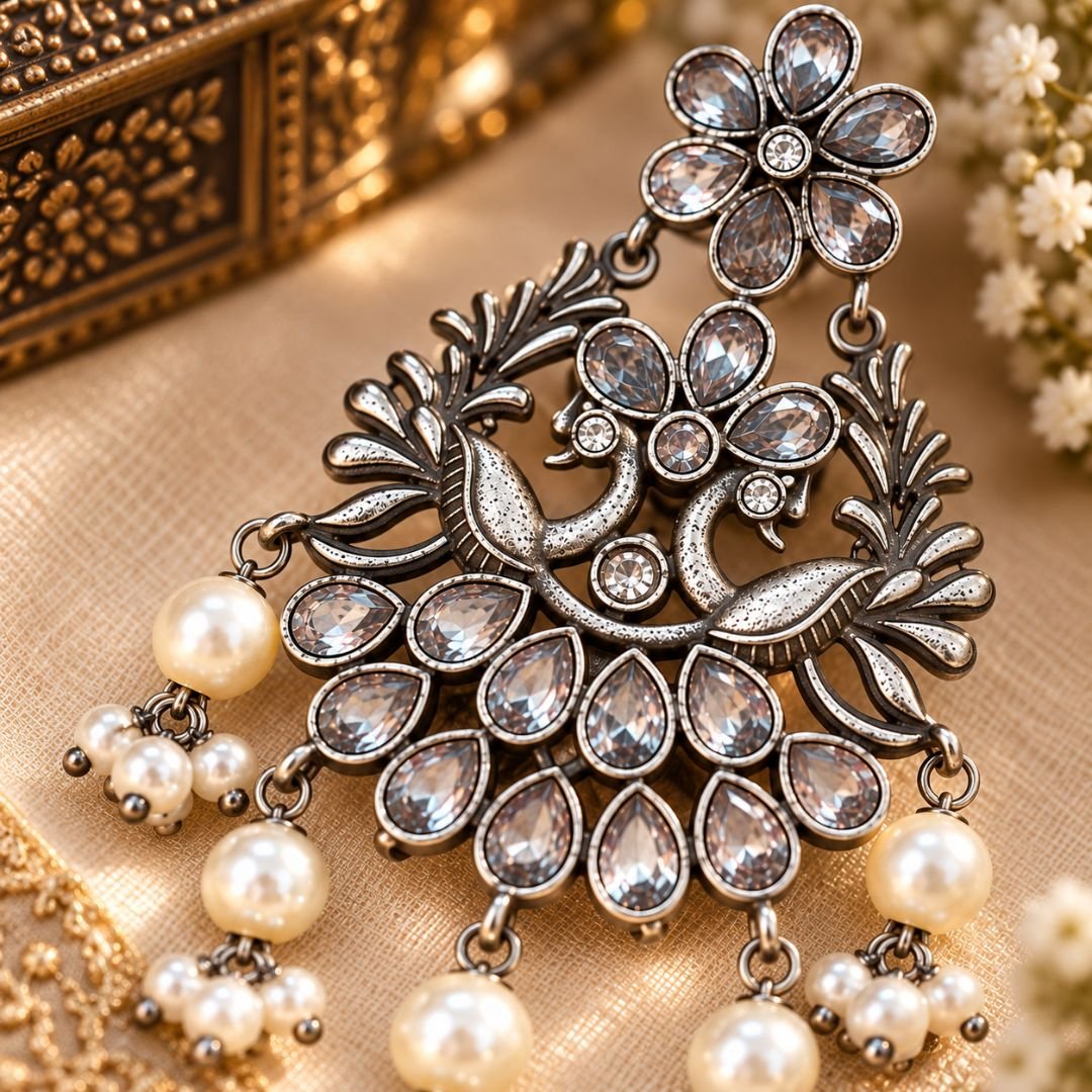 Shaheen White Stones Floral Peacock Bali Earrings | Handmade Traditional Earrings for Women - Image 4
