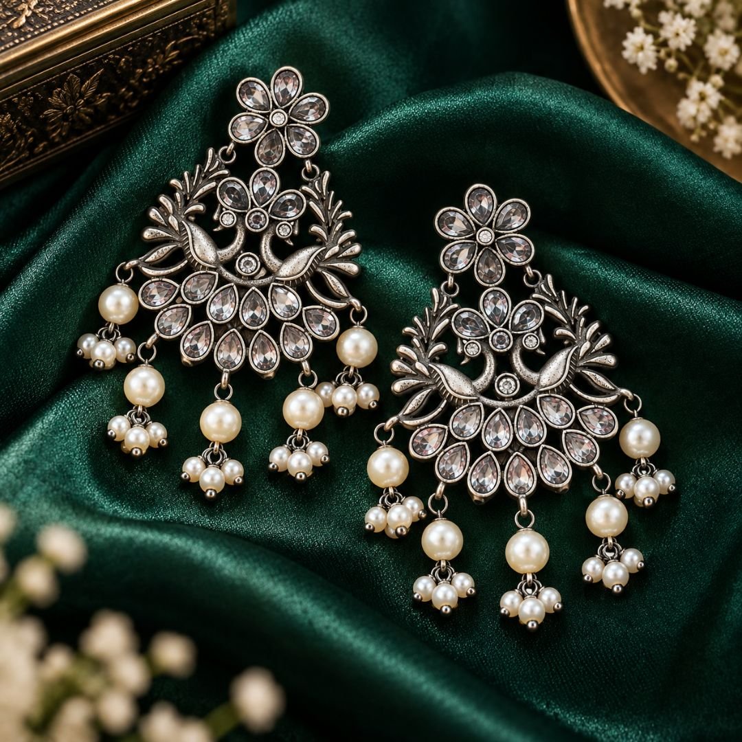 Shaheen White Stones Floral Peacock Bali Earrings | Handmade Traditional Earrings for Women - Image 6