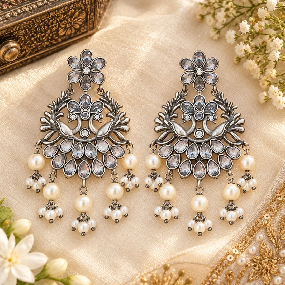 Shaheen White Stones Floral Peacock Bali Earrings | Handmade Traditional Earrings for Women
