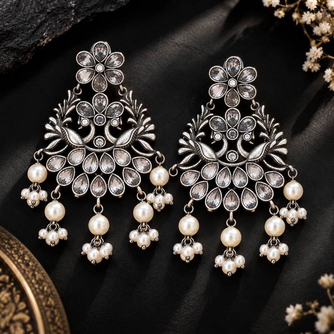 Shaheen White Stones Floral Peacock Bali Earrings | Handmade Traditional Earrings for Women - Image 5