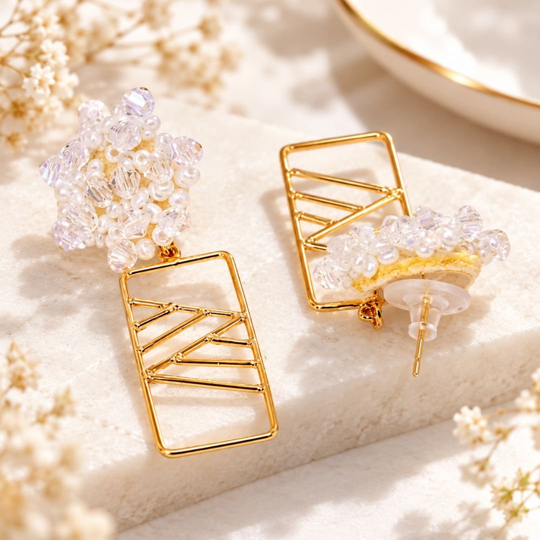 Pearl Cascade Geometric Earrings – Gold Tone Statement Earrings - Image 4