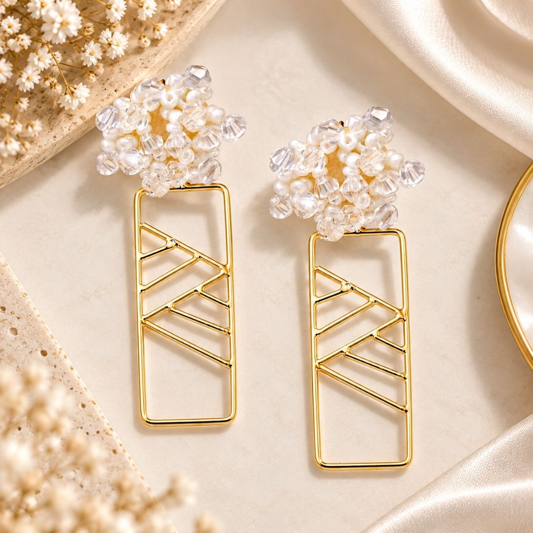 Pearl Cascade Geometric Earrings – Gold Tone Statement Earrings - Image 3