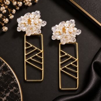 Pearl Cascade Geometric Earrings – Gold Tone Statement Earrings