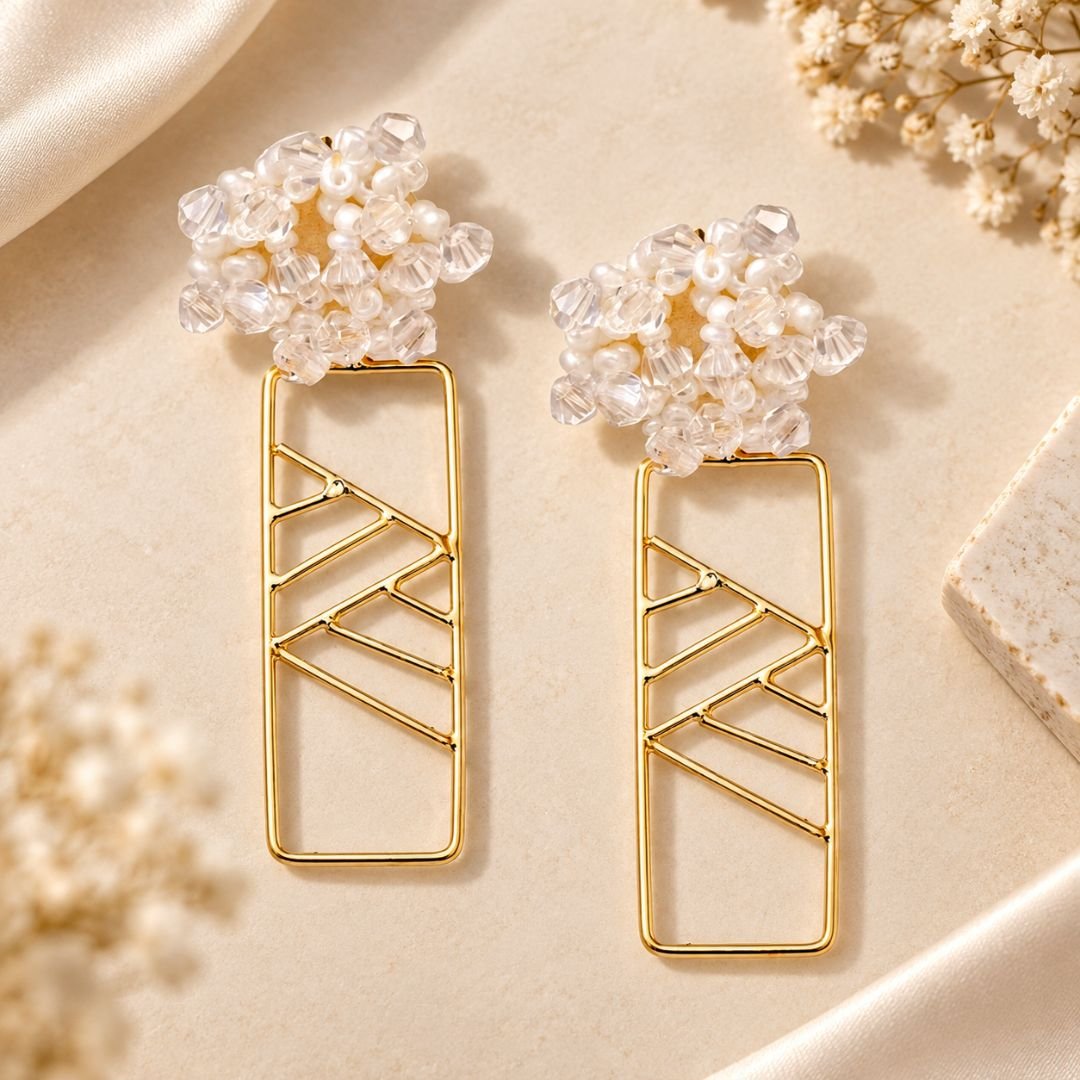 Pearl Cascade Geometric Earrings – Gold Tone Statement Earrings - Image 2