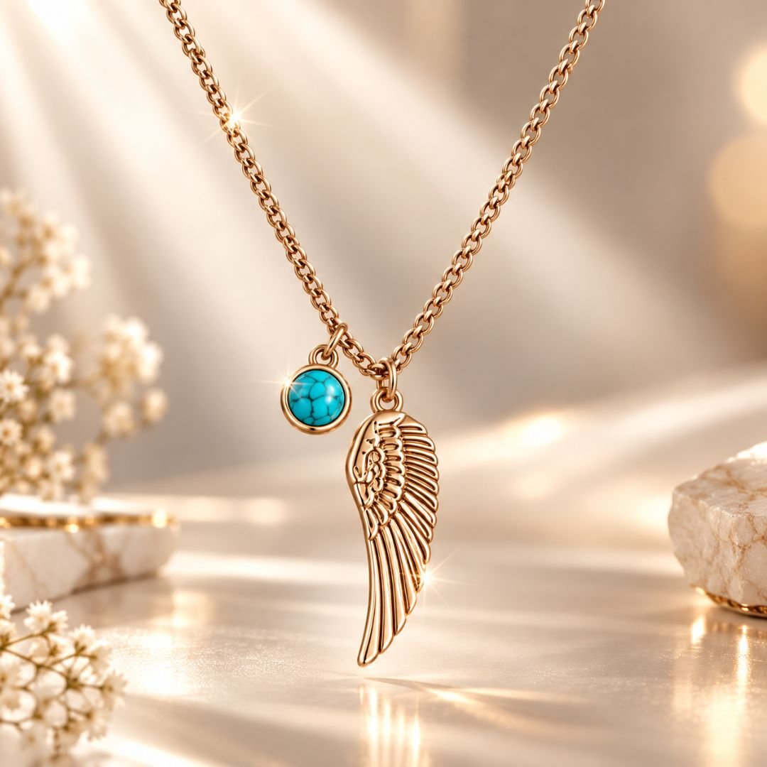 Gold Tone Angel Necklace with Turquoise Charm | Elegant Angel Wing Pendant Necklace - Image 3