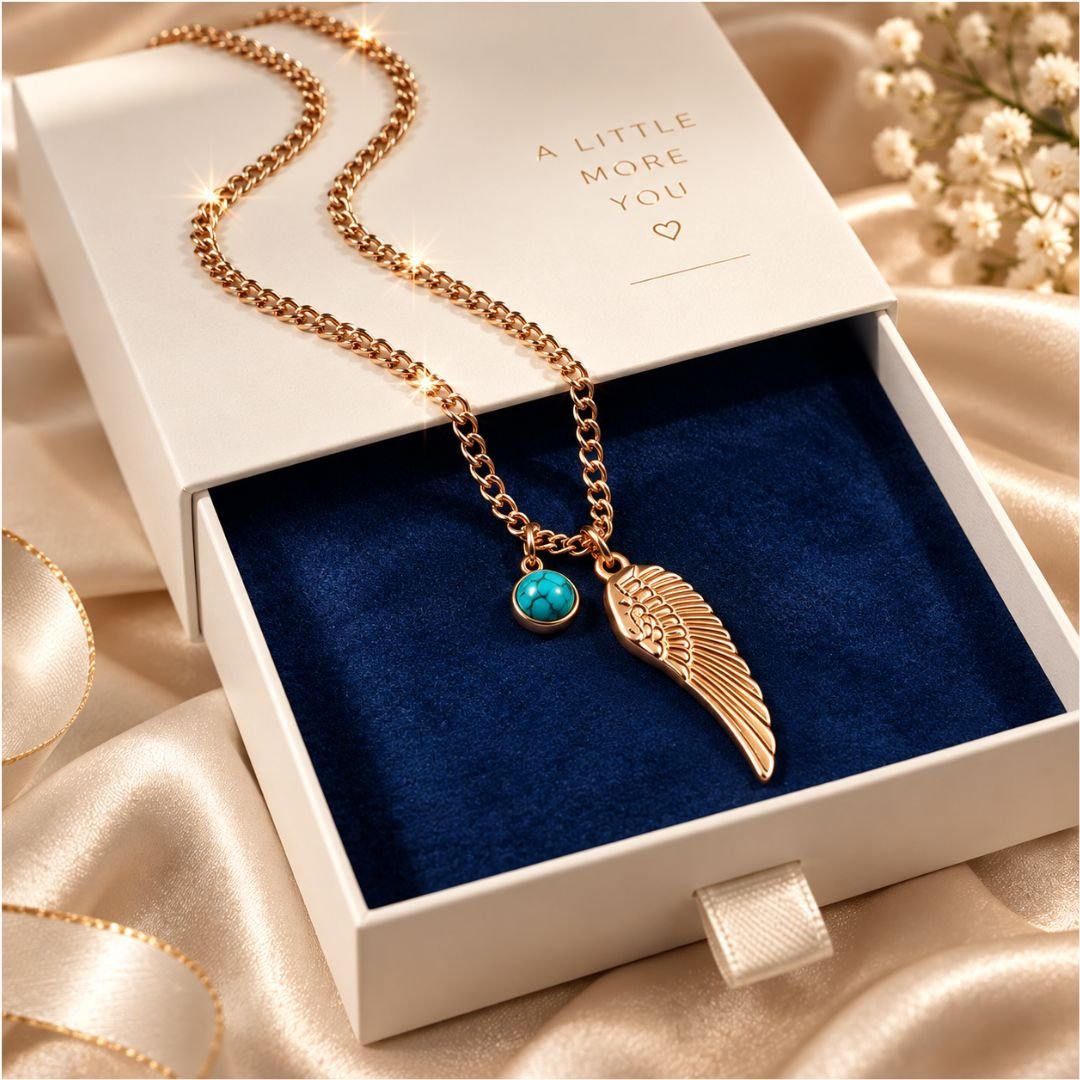 Gold Tone Angel Necklace with Turquoise Charm | Elegant Angel Wing Pendant Necklace - Image 2