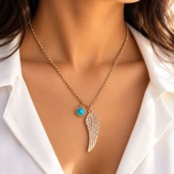 Gold Tone Angel Necklace with Turquoise Charm | Elegant Angel Wing Pendant Necklace