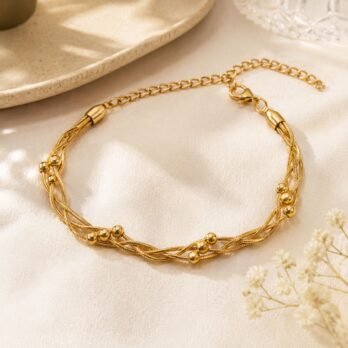 Golden Melody Bracelet | Elegant Gold-Tone Beaded Chain Bracelet