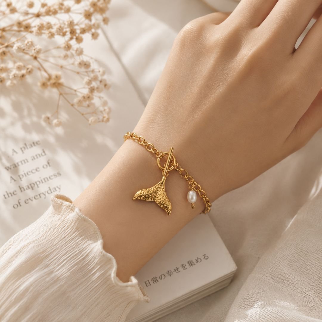 Golden Whale Tail Bracelet | Gold Tone Charm Bracelet with Pearl Accent - Image 2