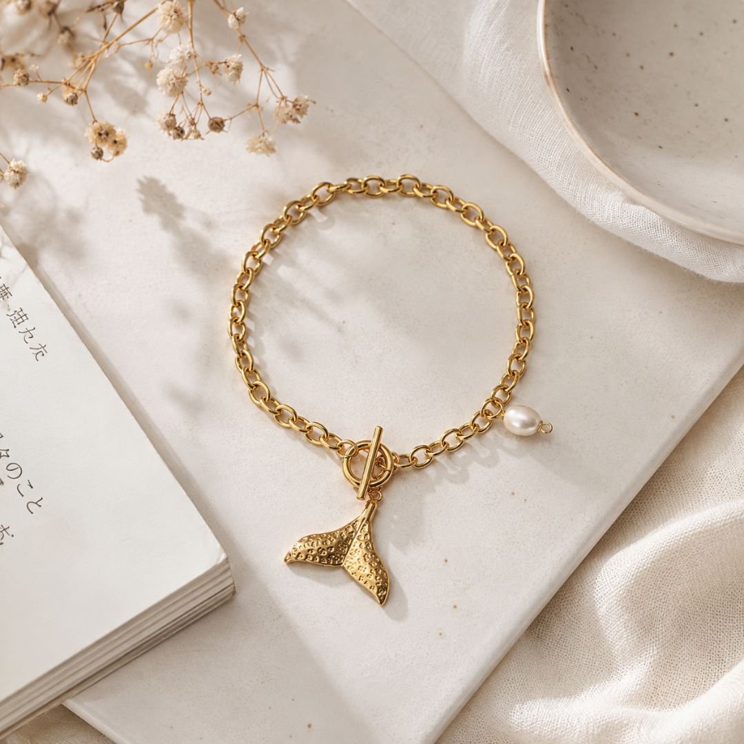 Golden Whale Tail Bracelet | Gold Tone Charm Bracelet with Pearl Accent - Image 3