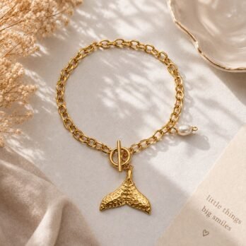 Golden Whale Tail Bracelet | Gold Tone Charm Bracelet with Pearl Accent